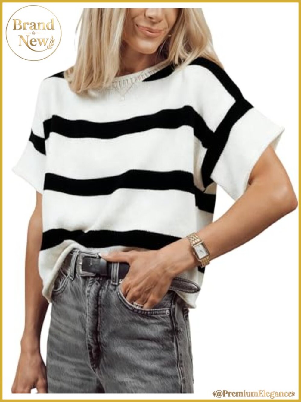 Women's Striped Knit Pullover Short Sleeve Crewneck Lightweight Sweater